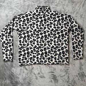 Tahari Sweater Womens Large White Black Leopard Print Mock Neck Soft Stretch
